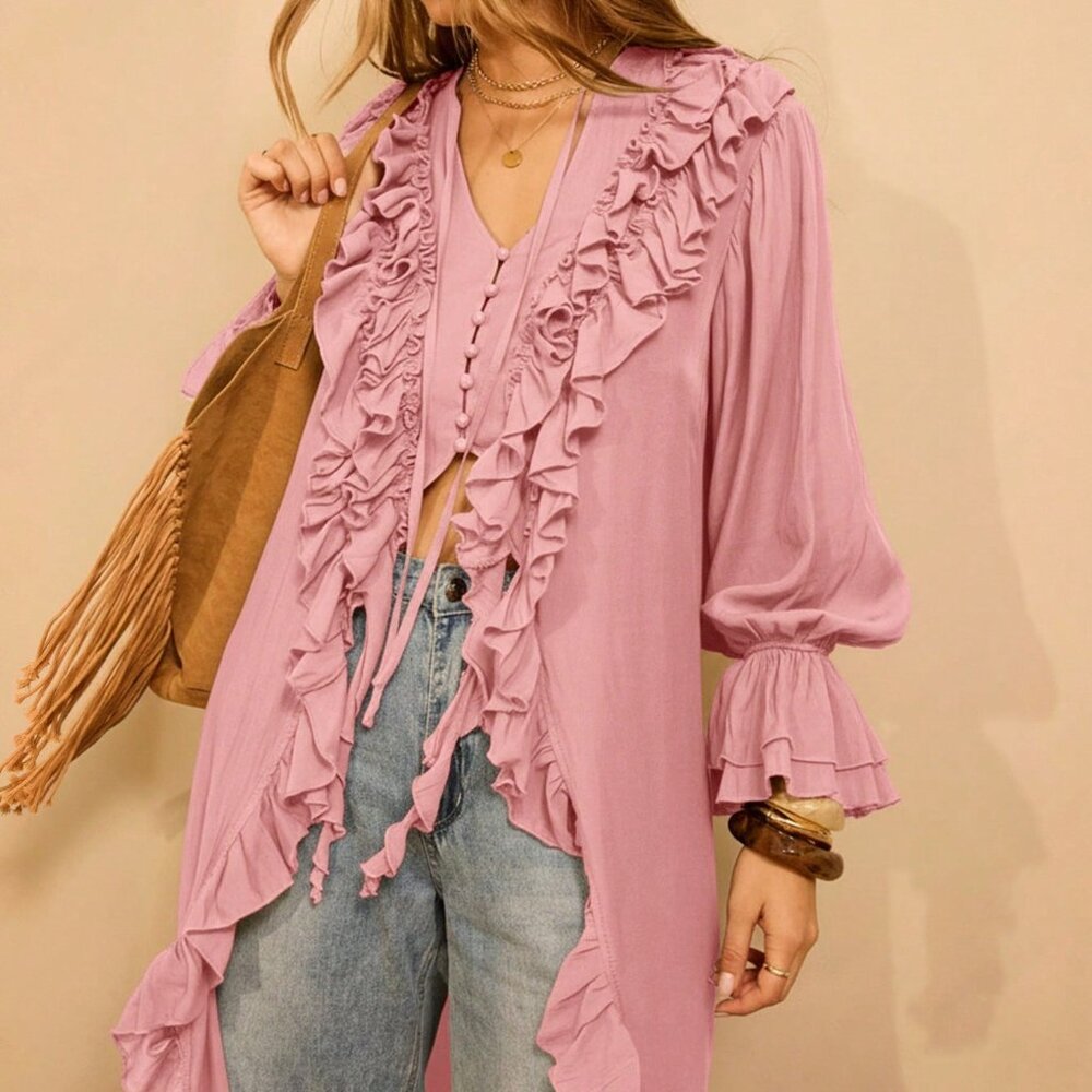 Baby Pink Boho Women's Long Sleeved Ruffled Front Maxi Cardigan Dress